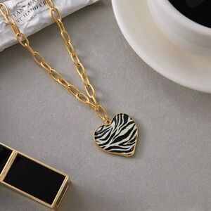 Chunky Chain Zebra Print Heart Necklace